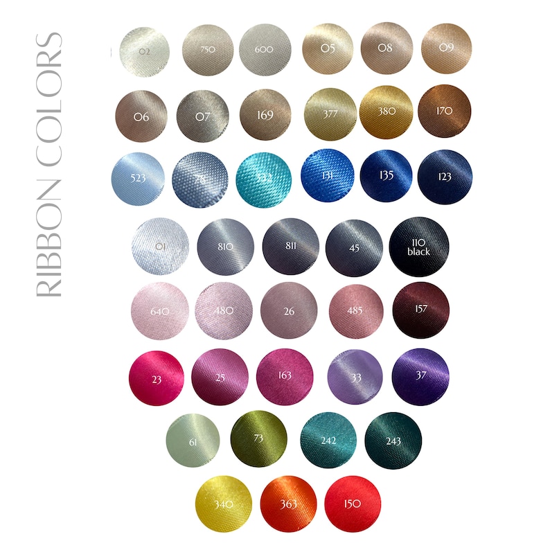 May include: Image showcasing a color chart of ribbon swatches. The chart displays a variety of colors, each labeled with a number. The text "RIBBON COLORS" is vertically aligned on the left side. The swatches range from neutral tones to vibrant hues.
