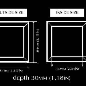 May include: Diagram showing the outside and inside dimensions of a square box. The outside dimensions are 84mm (3.15 inches) by 84mm (3.15 inches) and the inside dimensions are 60mm (2.64 inches) by 60mm (2.64 inches). The depth of the box is 30mm (1.18 inches).