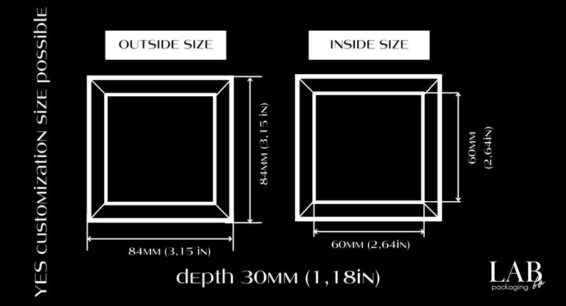 May include: Diagram showing the outside and inside dimensions of a square box. The outside dimensions are 84mm (3.15 inches) by 84mm (3.15 inches) and the inside dimensions are 60mm (2.64 inches) by 60mm (2.64 inches). The depth of the box is 30mm (1.18 inches).