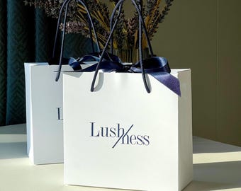 50pcs Custom White Navy Blue Paper Bag with Logo and Bow | Luxury Gift Packaging Bag for Boutique, Cosmetics, Decor, Wedding Favor Gifts