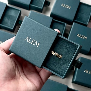 Tiny dark green ring box with custom gold logo, rigid jewelry drawer packaging box,  slide ring box with pad - 50pcs
