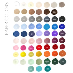 May include: A color chart titled "PAPER COLORS" featuring a variety of paint swatches. The swatches are arranged in rows and columns, showcasing a wide spectrum of hues, including shades of blue, green, pink, and brown. Each swatch is labeled with its corresponding color name.