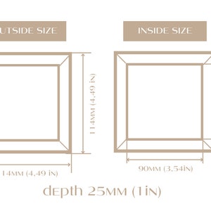 K&ouml;nnte beinhalten: Diagramm, das die Au&szlig;en- und Innenma&szlig;e einer quadratischen Box zeigt. Die Au&szlig;enma&szlig;e betragen 4,49 Zoll mal 4,49 Zoll. Die Innenma&szlig;e betragen 3,54 Zoll mal 3,54 Zoll. Die Tiefe der Box betr&auml;gt 1 Zoll. Der Text "YES customization size possible" ist vertikal auf der linken Seite des Diagramms geschrieben. Der Text "OUTSIDE SIZE" ist &uuml;ber den Au&szlig;enma&szlig;en geschrieben. Der Text "INSIDE SIZE" ist &uuml;ber den Innenma&szlig;en geschrieben. Der Text "depth 25MM (1 IN)" ist unter dem Diagramm geschrieben.