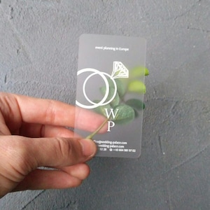 Tarjetas de visita de plástico transparente, planificador de bodas personalizado para eventos formales, número de contacto personalizado, diseño esmerilado, marca de logotipo, tarjeta de visita