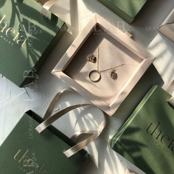 Packaging boxes for small jewellery businesses custom jewlery box for  earring necklace ring olive green personalized jewelry box -50pcs