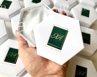 Hexegon petite boîte à bijoux cadeau avec logo en or, boîte d’emballage personnalisée blanche pour bijoux, boîte en étain avec couvercle, boîte de judaïsme pour bracelet 50pcs