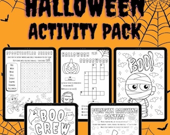 May include: A Halloween Activity Pack with various activity pages. Includes a word search, crossword puzzle, coloring pages with a mummy and ghosts, and a pumpkin carving contest. The background is orange with spiderwebs and bats.