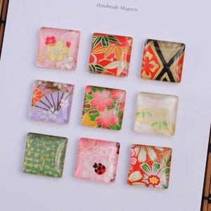 Japanese square glass fridge magnets - Japanese Yuzen origami - 20mm square glass, Perfect for christmas and teacher gifts