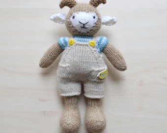 Knitted Lamb Boy in Dungarees Tee Shirt Outfit Hand Knit Sheep Ram Toy Cute Doll For Boys Gift Soft Toy Stuffed Animal