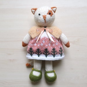 Hand Knit Cat Girl in Dress Cute Knitted Toy Cat Girl Doll Gift For Leo Girls Stuffed Animal Collectable Soft Toy