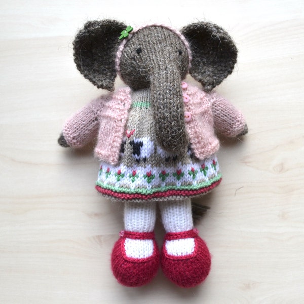 Knit Elephant Girl Doll in Outfit, Knitted Clothed Soft Toy Elephant, Cute Stuffed Animal Plushie Collectable Toy