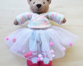 Knitted Bear Girl Toy in Ballerina Outfit, Hand Knit Bear Doll in Pompom Tutu Skirt, Knitted Soft Toy, Stuffed Animal Gift