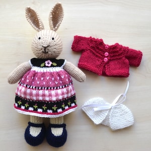 Hand Knit Bunny Girl Set Soft Toy Knitted Little Bunny in Cotton Dress Cute Stuffed Animal Collectable Rabbit Toy Gift