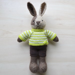 Peut inclure: Un lapin en tricot brun et blanc portant un pull rayé vert et blanc et un pantalon marron.