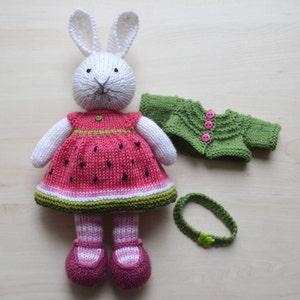 Hand Knit Bunny Girl in a Watermelon Dress, Little Knitted Cotton Soft Toy, Cute Stuffed Clothed Animal Rabbit Gift