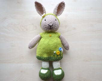 Hand Knit Bunny Girl Soft Toy Knitted Little Bunny in Dress Cotton Rabbit Cute Stuffed Animal Gift