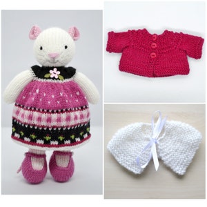 Hand Knit Mouse Girl in Outfit, Cute Knitted Mouse in Dress Cardigan and Cape, Clothed Stuffed Animal, Soft Toy Collectible Gift
