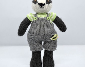 Knitted Badger Boy in Dungarees and Tee Shirt, Hand Knit Soft Toy in Outfit, Cute Doll For Boys, Clothed Soft Toy Stuffed Animal