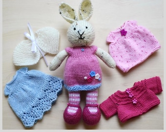 Knitted Clothed Stuffed Animal Toy Set: Bunny Girl Soft Toy, Three Dresses, Cape and Cardigan
