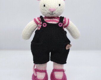 Knitted Mouse in Dungarees and Striped T-Shirt, Clothed Mouse Soft Toy Stuffed Animal