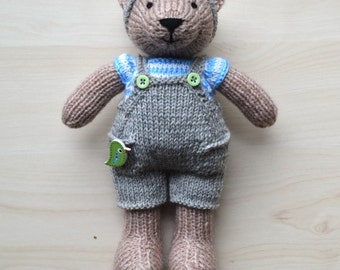 Knitted Bear in Dungarees Striped T-Shirt Outfit, Cute Hand Knit Clothed Bear Toy, Soft Toy Stuffed Animal