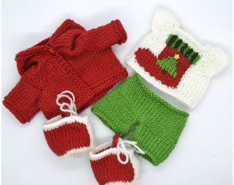 Knitted Red Hoody, Green Shorts, White Top and Red Shoes Set for 12 Inch Toy, Knit Outfit for Stuffed Animal, Clothes for Soft Toy