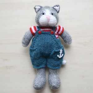 Knitted Cat Boy in Blue Dungarees Tee Shirt Outfit, Hand Knit Cat Toy, Cute Doll For Boys, Gift for Leo, Soft Toy Stuffed Animal