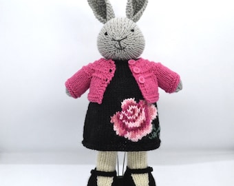 Hand Knit Bunny Girl in a Rose Dress and Cardigan, Knitted Rabbit Soft Toy, Little Dressed Bunny Doll, Cute Stuffed Animal