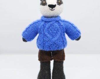 Knitted Badger Boy in Aran Sweater and Shorts, Hand Knit Soft Toy in Outfit, Cute Doll For Boys, Clothed Soft Toy Stuffed Animal