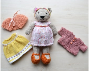 Hand Knit Bear Girl Soft Toy Set Cute Knitted Bear Doll in Dress Stuffed Clothed Animal Present Gift