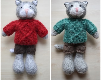 Knitted Clothed Cat Boy Soft Toy, Stuffed Animal Doll For Boys, Grey Collectable Tabby Cat