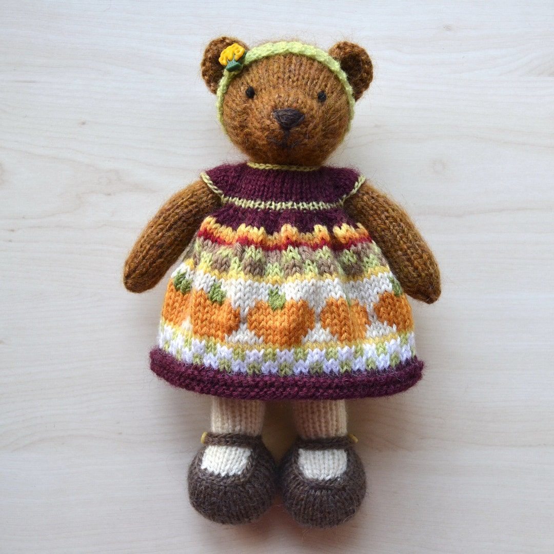 Hand Knit Bear Girl Doll in Pumpkin Dress Easter Mother's Day Gift Cute Knitted Bear Soft Toy ...