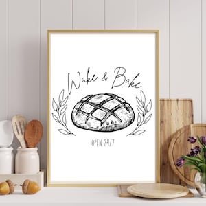 Sourdough Bread Art Print Wake And Bake Rustic Kitchen Wall Decor Line Art Baking Poster Farmhouse Printable for Bread Lovers Gift For Baker
