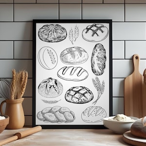 Sourdough Bread Art Print Rustic Kitchen Wall Decor Hand-Drawn Baking Loaves Poster Farmhouse Printable for Bread Lovers Gift For Baker