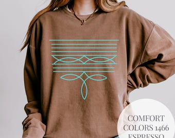 Western boot stitch sweatshirt turquoise comfort colors crewneck cowgirl western shirt fall rodeo outfit country concert graphic pullover
