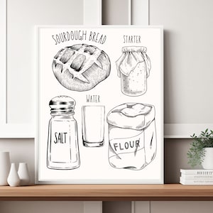 Sourdough Bread Art Print Rustic Kitchen Wall Decor Hand-Drawn Baking Ingredients Poster Farmhouse Printable for Bread Lovers Gift For Baker