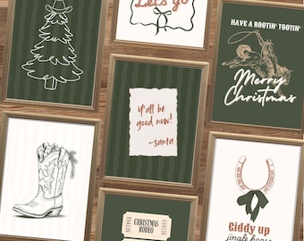 May include: A collection of framed art prints with a Western and Christmas theme. The prints feature cowboy boots, a Christmas tree, a horseshoe, and text like "Merry Christmas" and "Giddy Up." The color palette includes green, white, and brown.