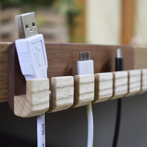 Wooden Cable and Charger Organizer, Mahogany and Ash Wood, Desktop Management for Power Cords, Charging Cables Holder