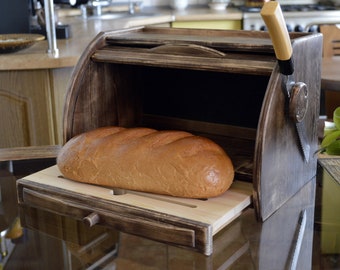 Functional Wooden Bread Box with a Cutting Board and Knife Holder, Rustic Style, Crumbs Tray, Bread Bin, Unique Product, Wooden Breadbox