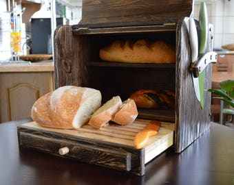Beautiful Wooden Bread Box with Magnetic Knife Holder and Crumb Catching Cutting Board, Rustic Style Functional Bread Bin, Unique Product