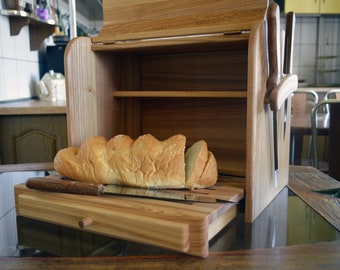 Ash Bread Box with a Cutting Board and Knife Holder, Crumbs Tray, Natural Color, Farmhouse Style, Unique Wooden Breadbox
