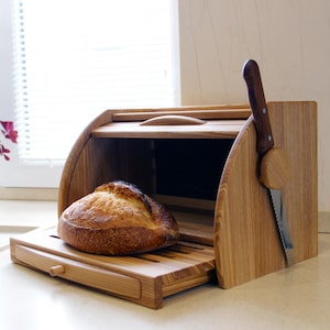 Ash Wood Bread Box – Rustic Wooden Bread Bin with Cutting Board & Magnetic Knife Holder – Handmade Farmhouse Kitchen Storage