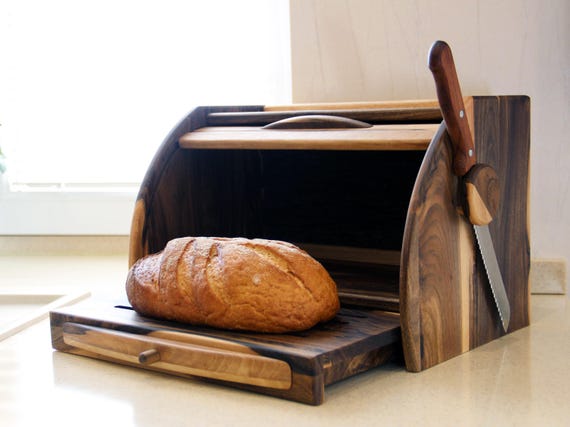 Functional Walnut Wood Bread Box with Cutting Board and Magnetic Knife Holder, Natural Color Farmhouse Style Bread Bin, Unique Wood Breadbox