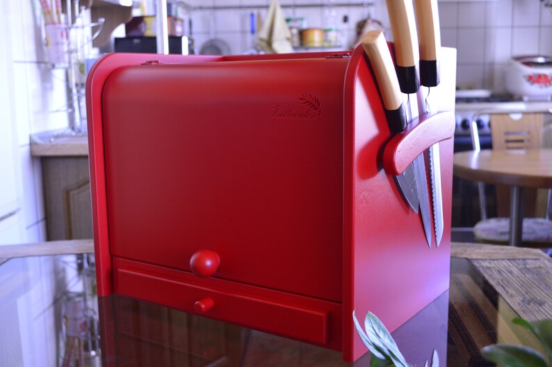 Red Bread Box Wooden Cutting Board Knife Holder Bin Image 0