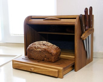 Panera de madera de roble con práctica tabla de cortar y soporte magnético para cuchillos, panera de encimera estilo rústico, panera de madera única