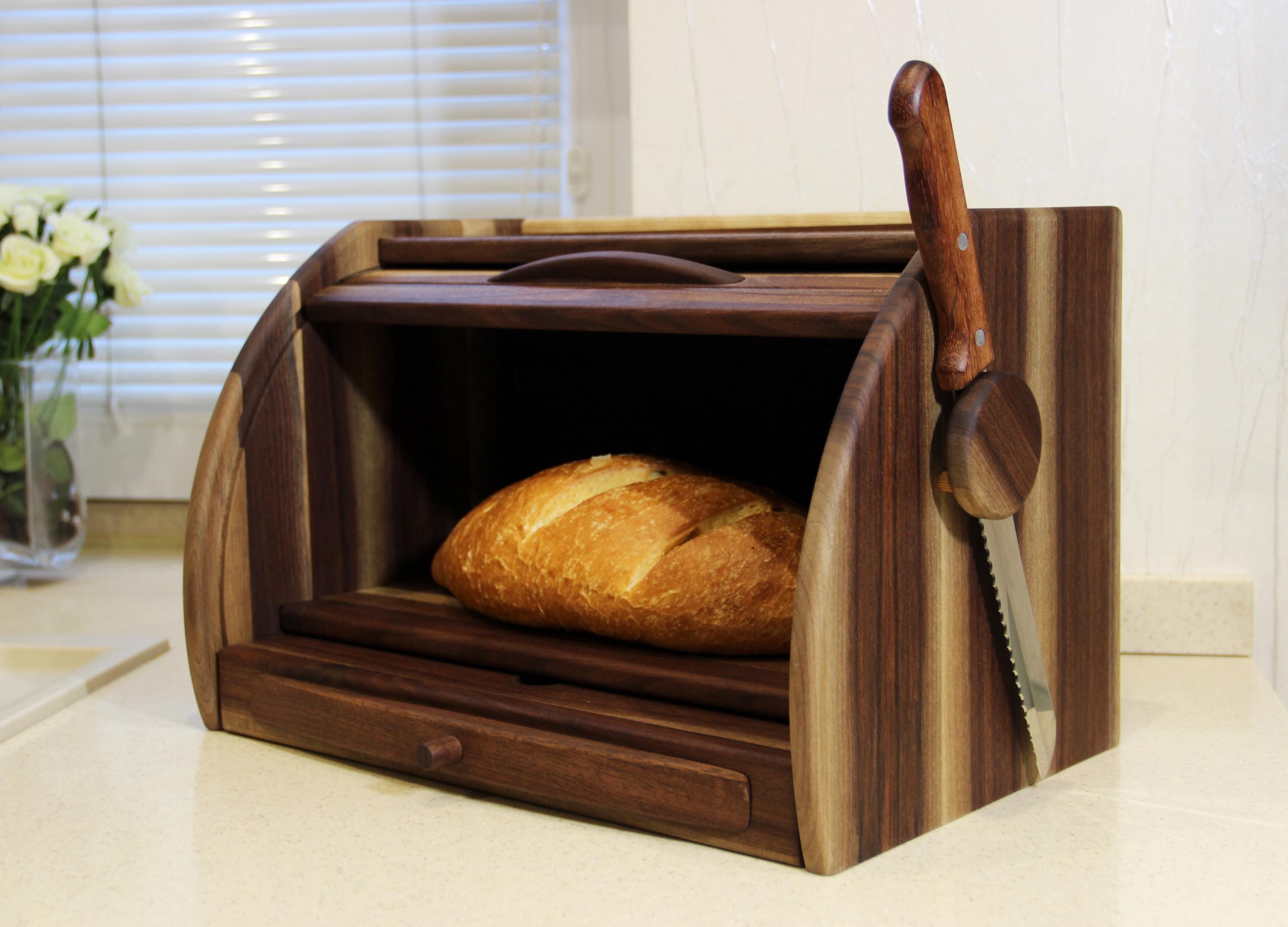 Functional Walnut Wood Bread Box With Cutting Board and Magnetic Knife ...