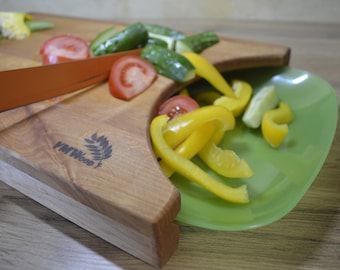 Functional Wooden Cutting Board with the Receivers for Sliced Products and for Waste, Built-in Knife Holders, Unique Cutting Board