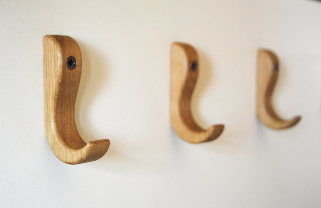 Set of 3 Oak Wall Hooks, Towel Hooks, Wood Kitchen Hanger, Strong