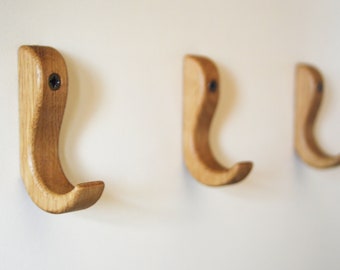 Set of 3 Oak Wall Hooks, Towel Hooks, Wood Kitchen Hanger, Strong Wooden Hook, Towel Rack, Coat Hooks, Three Solid Wood Wall Hooks
