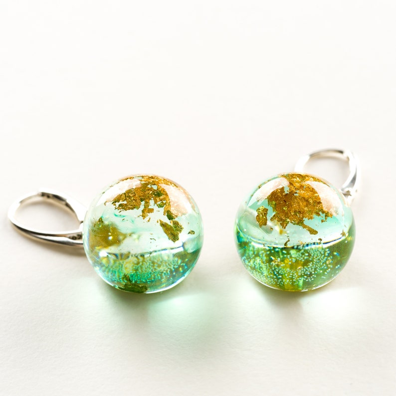 resin earrings gift Silver 925 earrings with gold flakes in green transparent resin resin jewelry